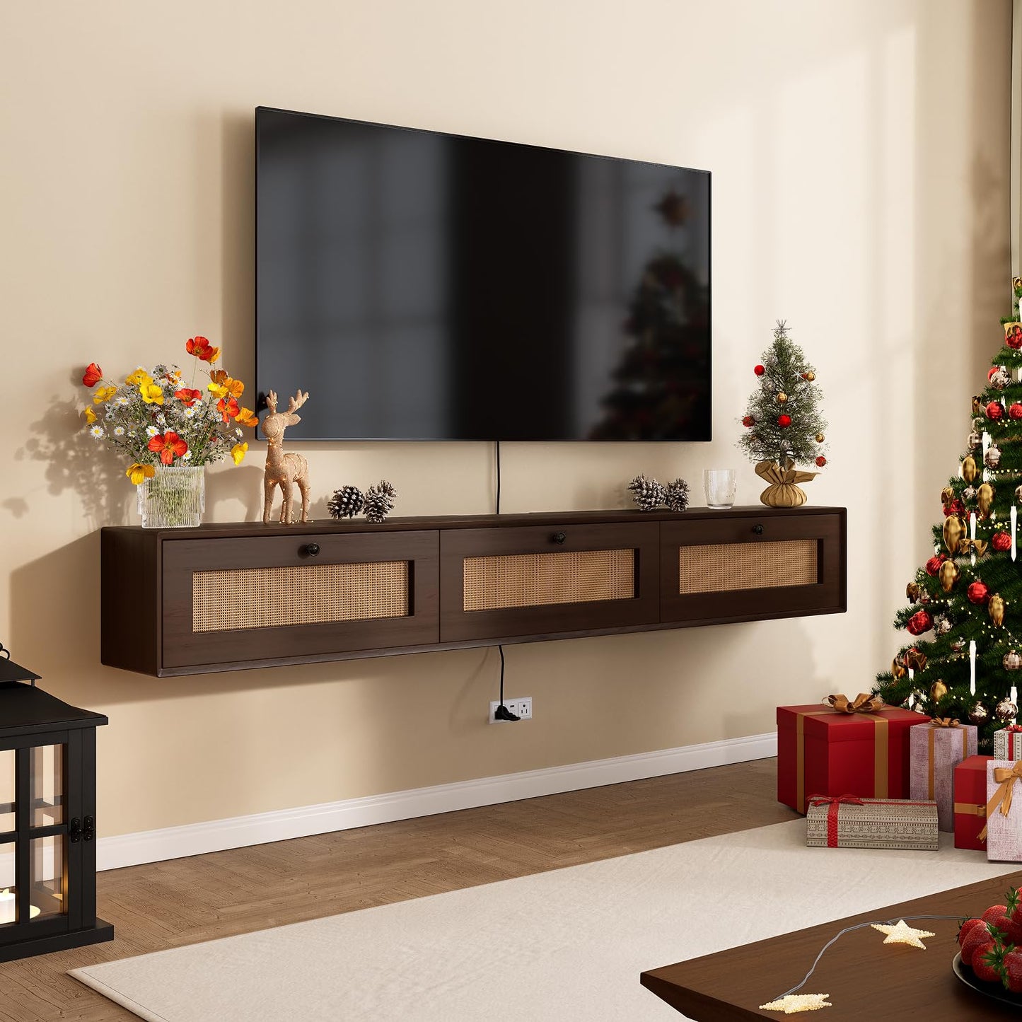FurniNova 78'' Floating TV Stand with Rattan Doors, Wall Mount TV Console Cabinet, Fully Assembled Floating Entertainment Center, Matte Finish, Plywood Media Cabinet for Living Room