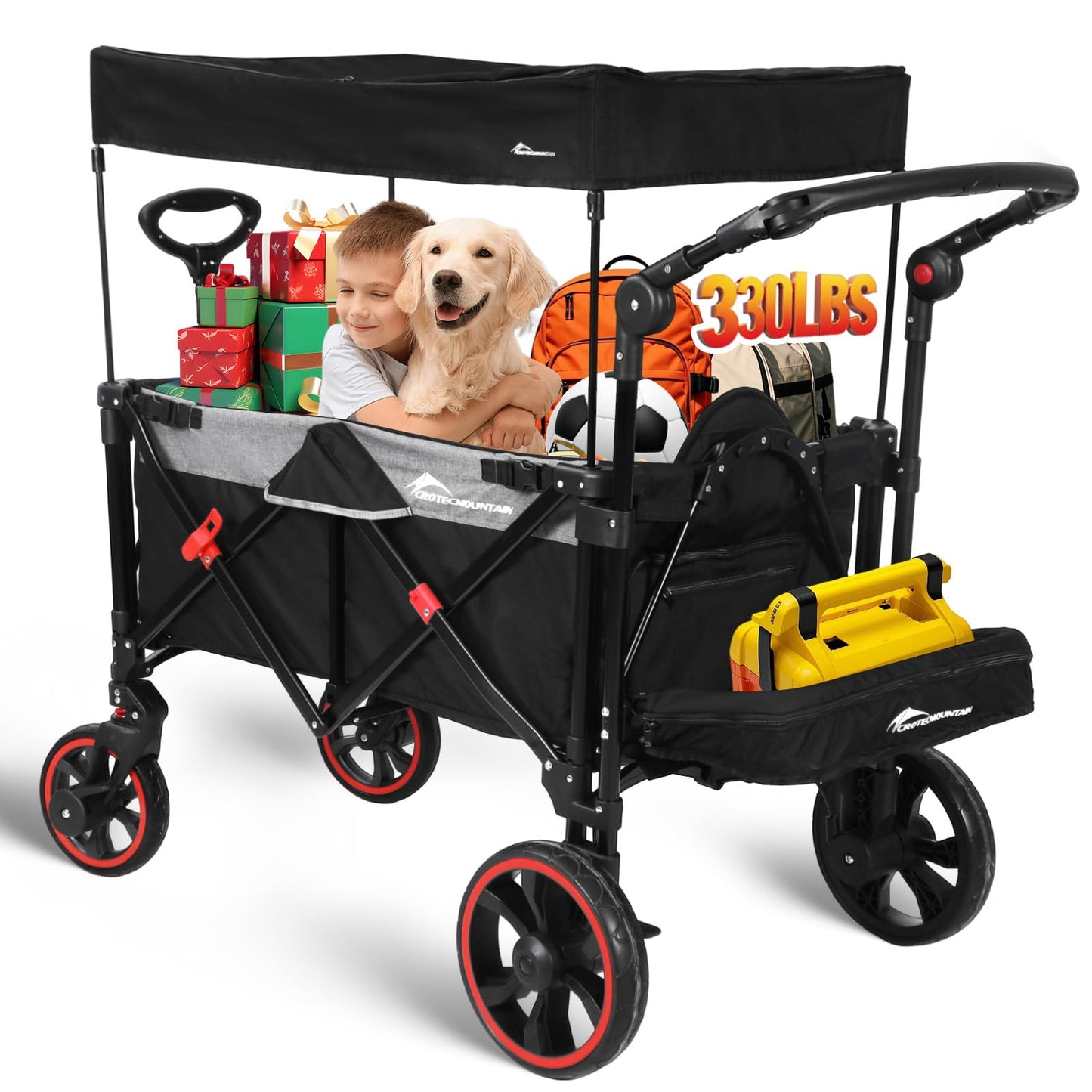 Collapsible Canopy Wagon, Foldable Wagon Stroller with 330LBS, Heavy Duty Cart with Shock-Absorbing Wheels, Adjustable Push Pulling Handles for Camping, Garden, Sports, Shopping, Black