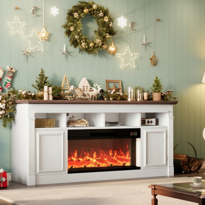 GAOMON 68 Inch Fireplace TV Stand for TVs Up to 75", Entertainment Center with 36'' Corded Electric Fireplace, Remote Controlled Realistic 3D Flame, Console Table with Storage Shelves, White+Brown