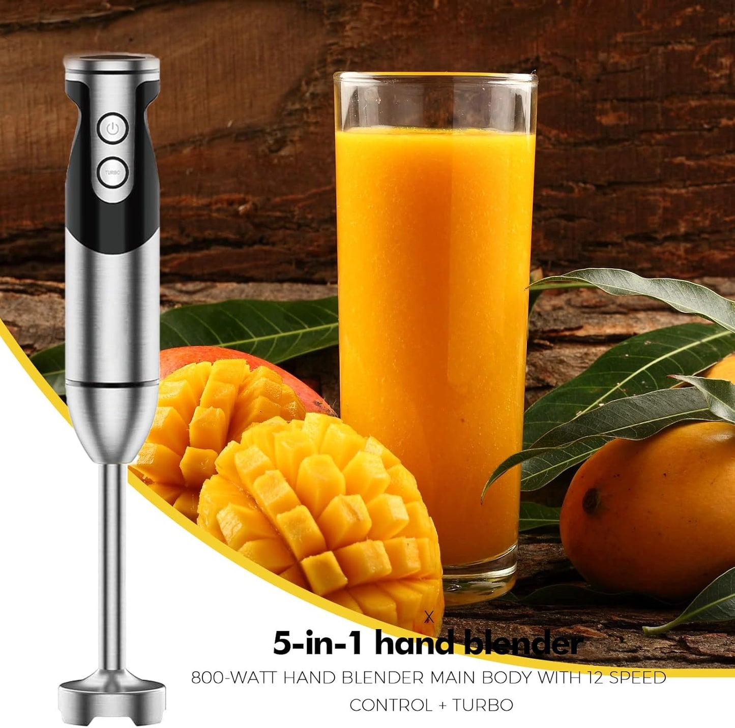 MegaWise 3-in-1 Immersion Hand Blender - Powerful 12-Speed Corded Blender with Whisk and Milk Frother (Black)