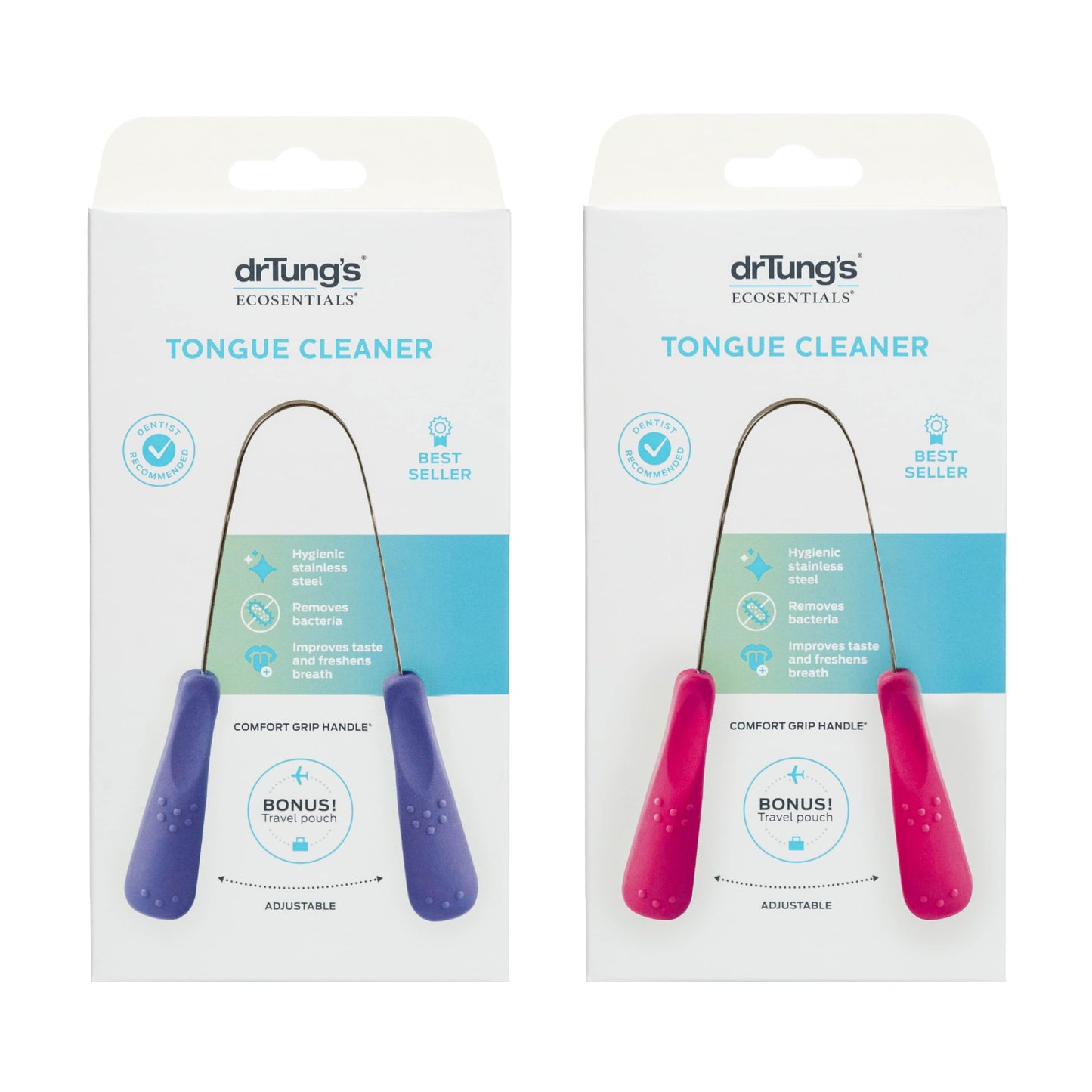 DrTung’s Stainless Tongue Scraper - Tongue Cleaner for Adults, Kids, Helps Freshens Breath, Easy to Use Comfort Grip Handle, Comes with Fabric Travel Pouch - Stainless Steel Tongue Scrapers, (1 Count)
