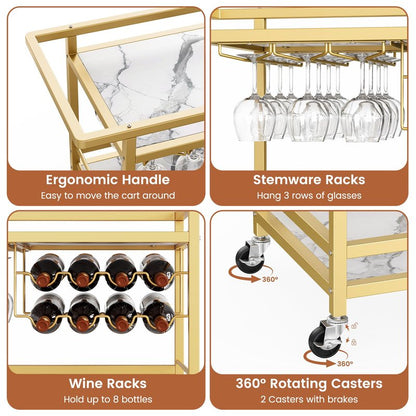 Leteuke Bar Cart for Home, 3 Tier Gold Serving Rolling Carts with Wheels, Drink Cart, Liquor Stand with Marbled Wooden Shelves, Wine Rack and Glass Holder for Kitchen, Dining Room