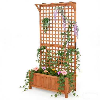 COSTWAY Raised Garden Bed with Trellis, Indoor & Outdoor Wooden Planter Box with Hanging Roof, Drainage Holes, Freestanding Vertical Planter for Vines, Climbing Plants, Flowers, Vegetables