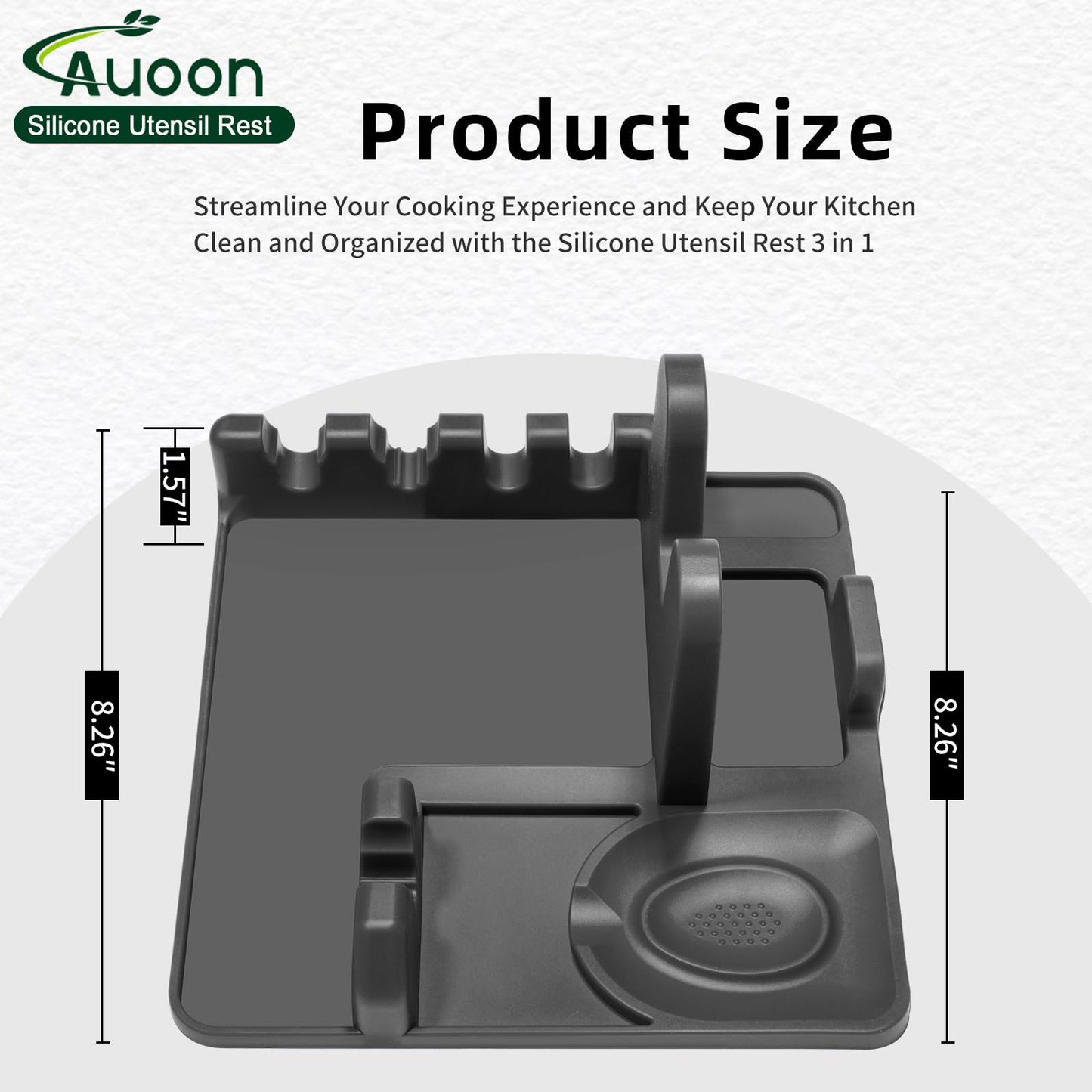 Auoon Silicone Spoon Rest with Lid Holder - 3 in 1 Kitchen Utensil Rest for Soup Ladles, Pot Lids, Spatulas, Spoons, Tongs, BPA Free & Dishwasher Safe, 8.26 x 8.06 Inch (Gray, Large)
