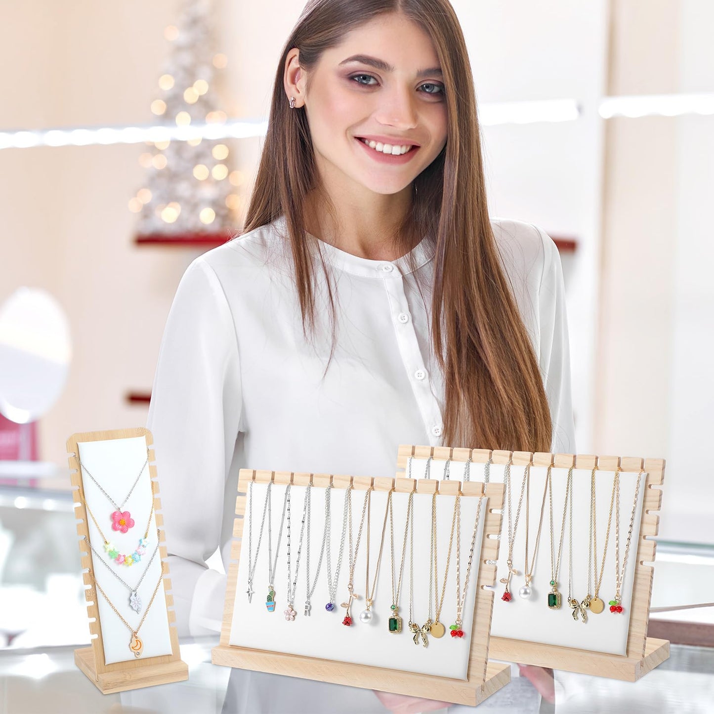 Oqqlin 3 Pcs Necklace Display Stands for Selling, Bamboo Necklace Holder with PU Leather Panel Beige Multi-Tiered Jewelry Display Storage Set for Vendors and Home (11.8x7.9x3.3 Inch/10.6x3.9x3.7 Inch)