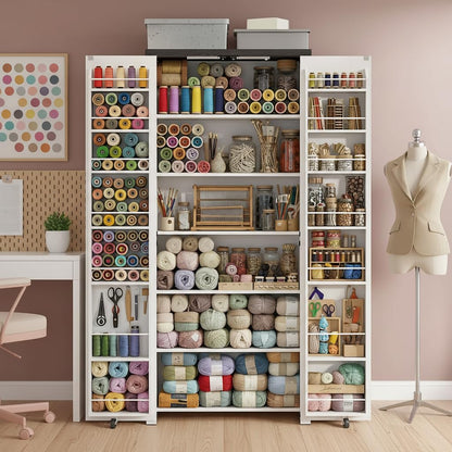 NEWOWNDS Craft Storage Cabinet with LED Lights – 72" Adjustable Shelves Sewing Organizer, Multi-Purpose Sewing Cabinet for Craft Room/Home Office Storage