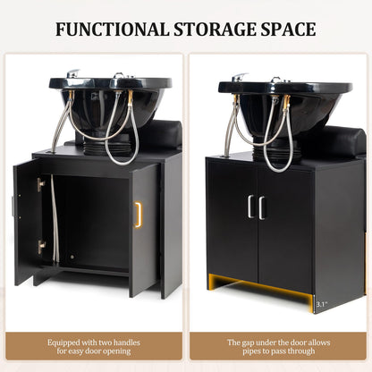 OmySalon Salon Shampoo Bowl and Chair, Hair Washing Station w/Tilting Sink & Storage Cabinet, Backwash Barber Chair for Barbershop Beauty Spa Massage Hairdressing