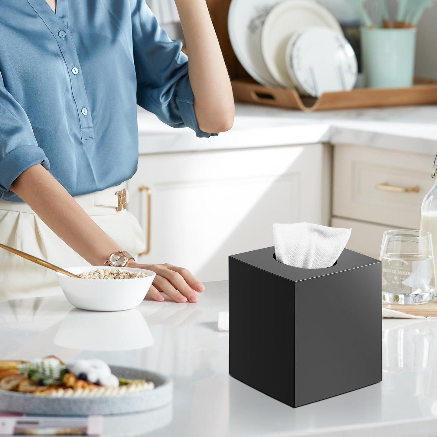 Tissue Box Cover, Square Modern Facial Acrylic Tissue Holder Napkin Dispenser Accessories for Bathroom Vanity Countertop,Bedroom Dresser,Night Stand,Desk,Office (Black)