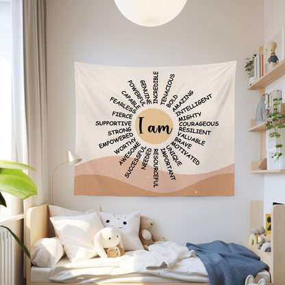 MNOSAIOO Inspirational Boho Sun Wall Tapestry Hanging for Classroom Kids, I Am Brave Important Tapestry, Motivational Mental Health Tapestries Wall Decor for Bedroom Therapy Office Home 60x50 inch