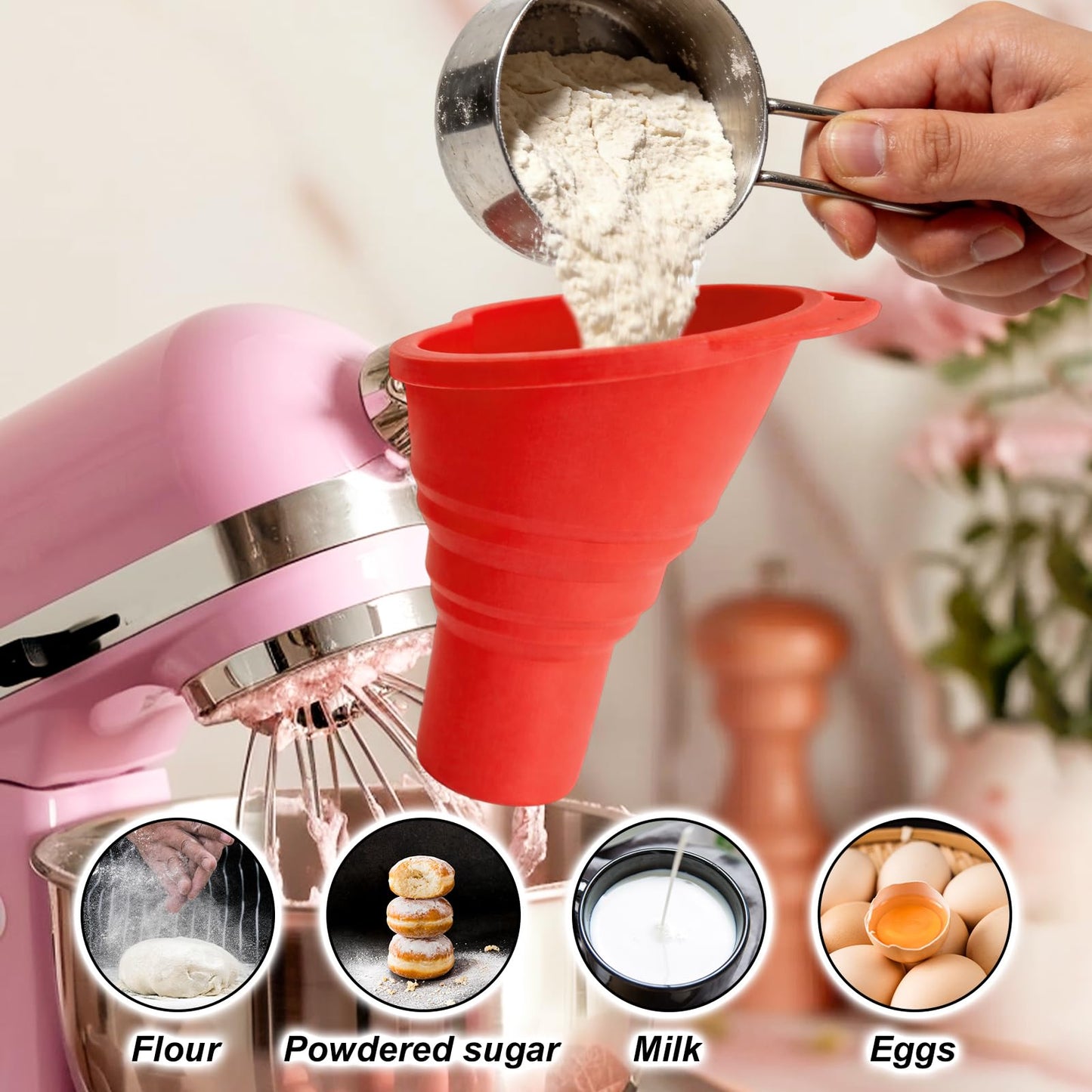 Foldable Flour Funnel, Silicone Pouring Chute Baking Funnel Attachment with Scoop Cleaning Brush Hanging Hooks Kitchen Stand Mixer Accessories for Flour Sugar Liquids, Dishwasher Safe