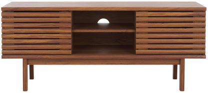 SAFAVIEH Aricia TV Stand for up to 55" Flatscreen – Walnut, 2 Sliding Doors with Interior Storage, 1 Open Shelf, Entertainment Media Console (MED9632A)