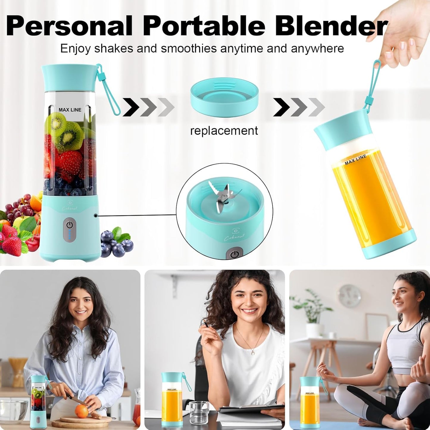 COKUNST 18oz Portable Blender, USB Rechargeable Personal Size Smoothie Blender with 6 Blades