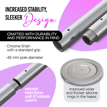ILOGICASE Spinning Dancing Pole for Home | Portable and Heavy Duty 45mm Dance Pole Apartment Friendly, Adjustable Height 7ft to 11ft, w/Pole Conditioning Bands Set, LED Light and Carry Bags (Chrome)