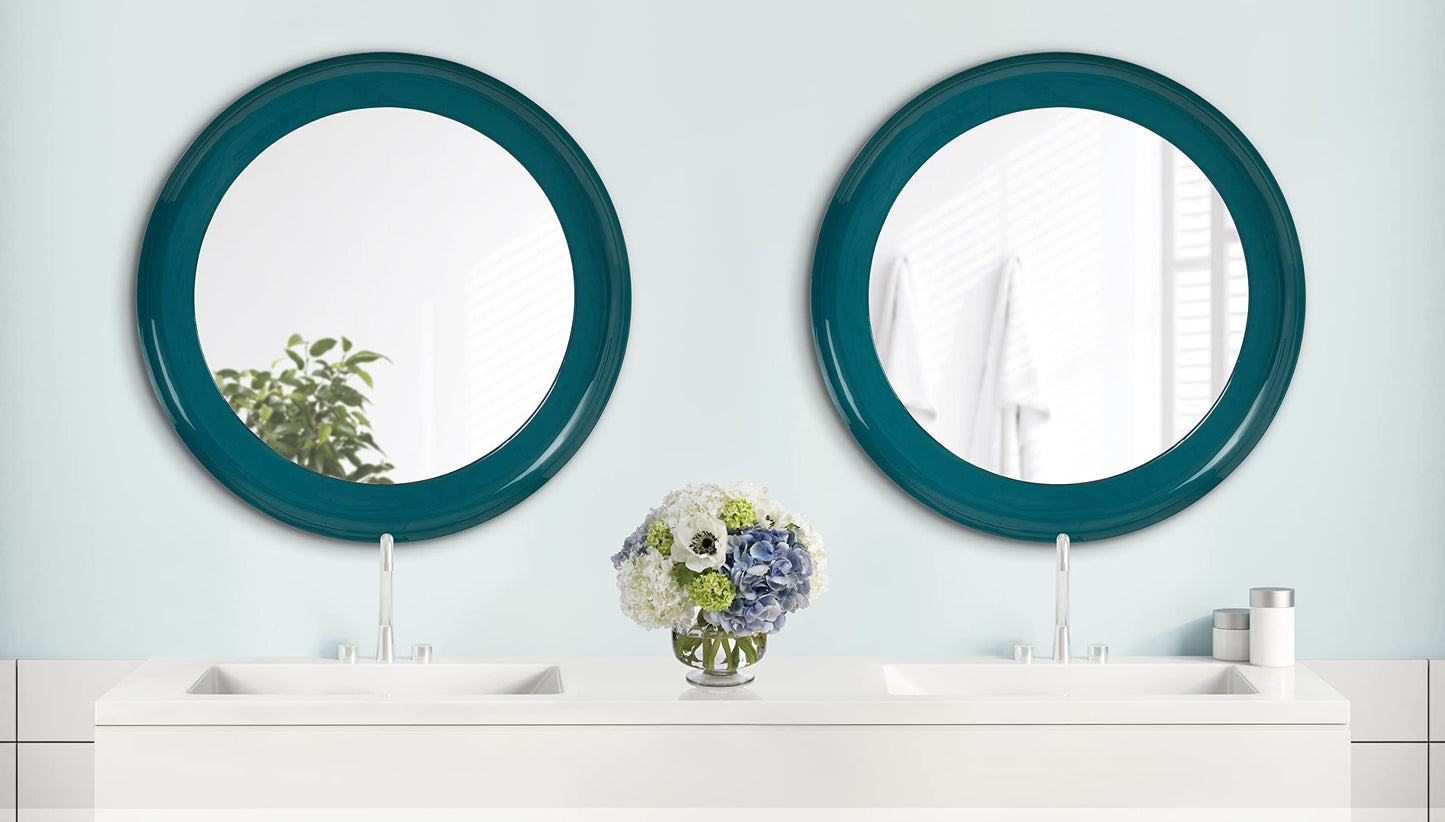 Kate and Laurel Laranya Modern Round Mirror, 22 Inch Diameter, Teal and Black, Decorative Circle Mirror with Metal Frame and Glossy Hand Applied Finish