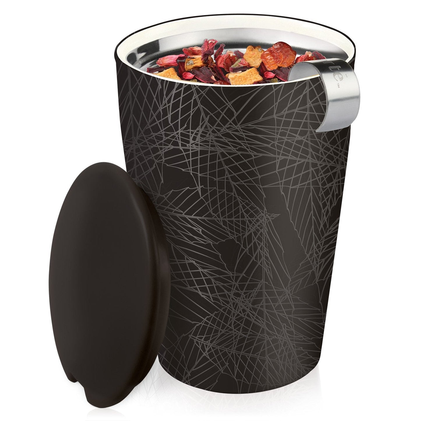 Tea Forte Double-Walled Ceramic Kati Cup, Removable Stainless Steel Infuser Basket and Lid, Steeps 12 oz Loose Leaf Tea, Dishwasher & Microwave Safe, Gifts for Mom, Noir