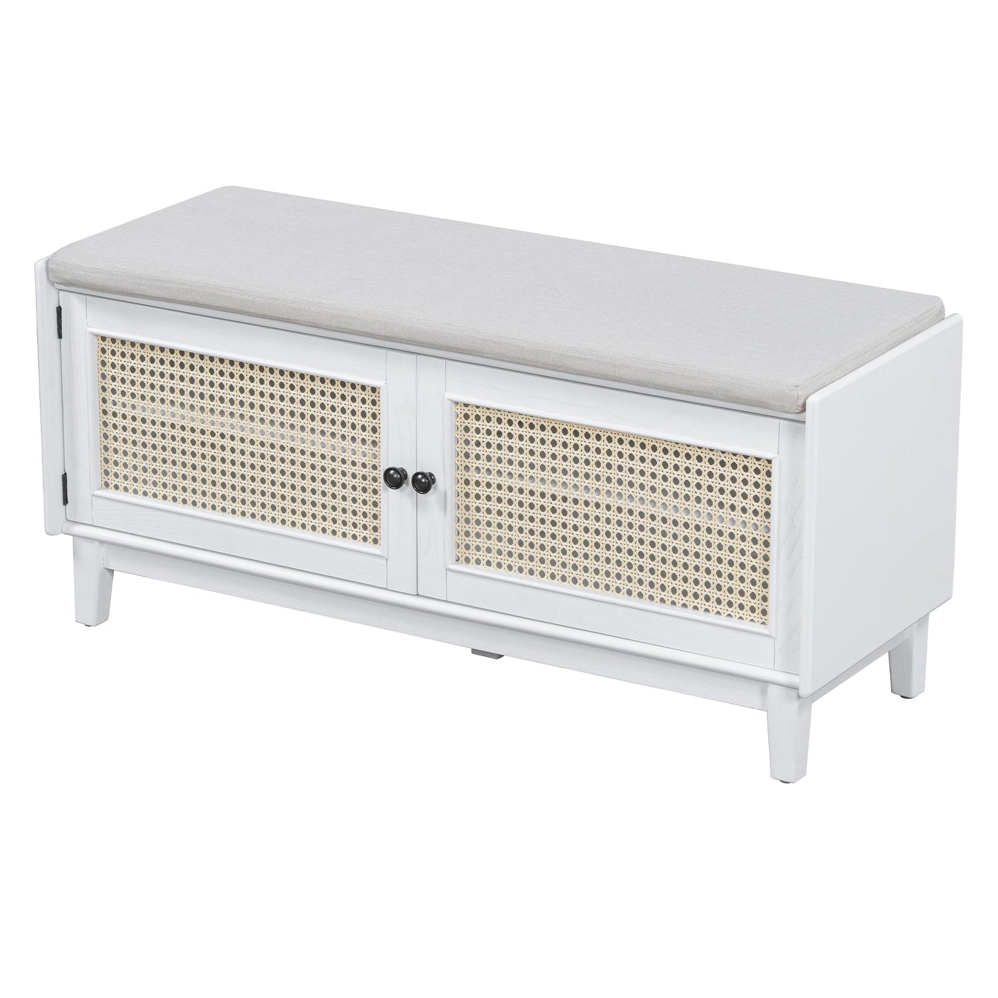GDFStudio Boho Rattan Shoe Storage Bench with Cushion, Wooden Shoe Organizer with 2 Doors, 3-Level Adjustable Shelves, Entryway Shoes Cabinet for Hallway Bedroom Living Room, Espresso+Beige