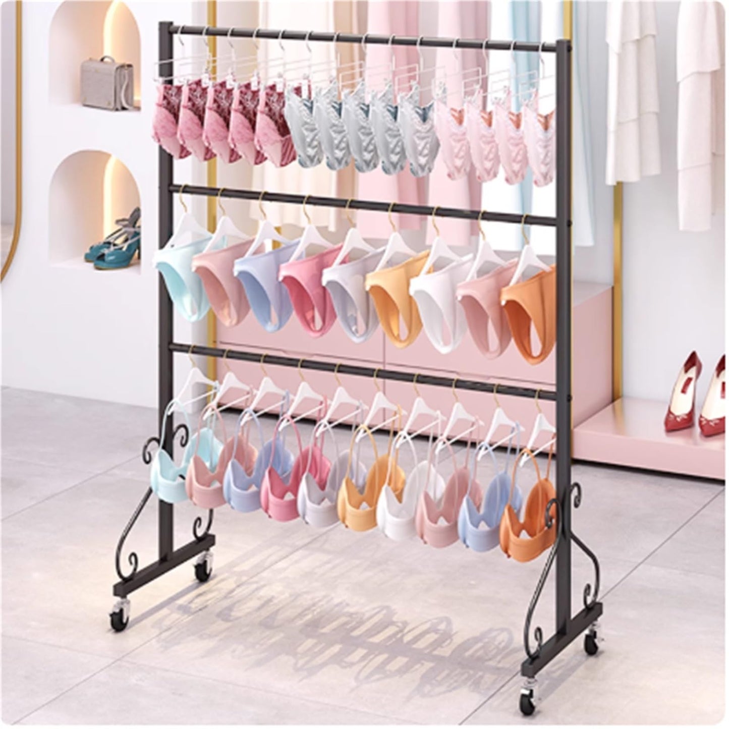 Mobile Lingerie Bra Rack Swimsuit Organizer Hanger, Anti-Slip, Underwear Display Stand with Wheels, Commercial Clothing Store Shelf, for Shorts,Hats, Sock, 3 Tier(Black,80 * 40 * 1