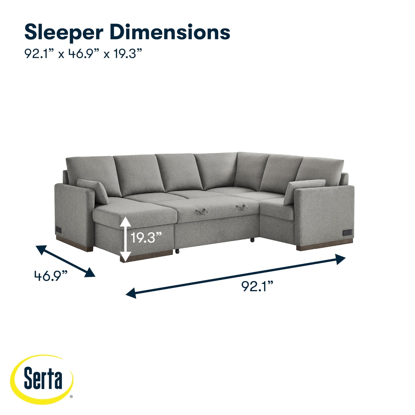 Serta® Emmett 110.2" Convertible Sleeper Sectional, Queen Size, Dreamcoil® Comfort, Reversible Storage Chaise, USB-C and USB-A Power Ports, Woven Fabric, Light Grey