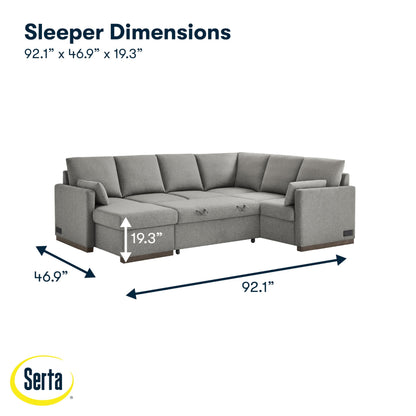 Serta® Emmett 110.2" Convertible Sleeper Sectional, Queen Size, Dreamcoil® Comfort, Reversible Storage Chaise, USB-C and USB-A Power Ports, Woven Fabric, Light Grey