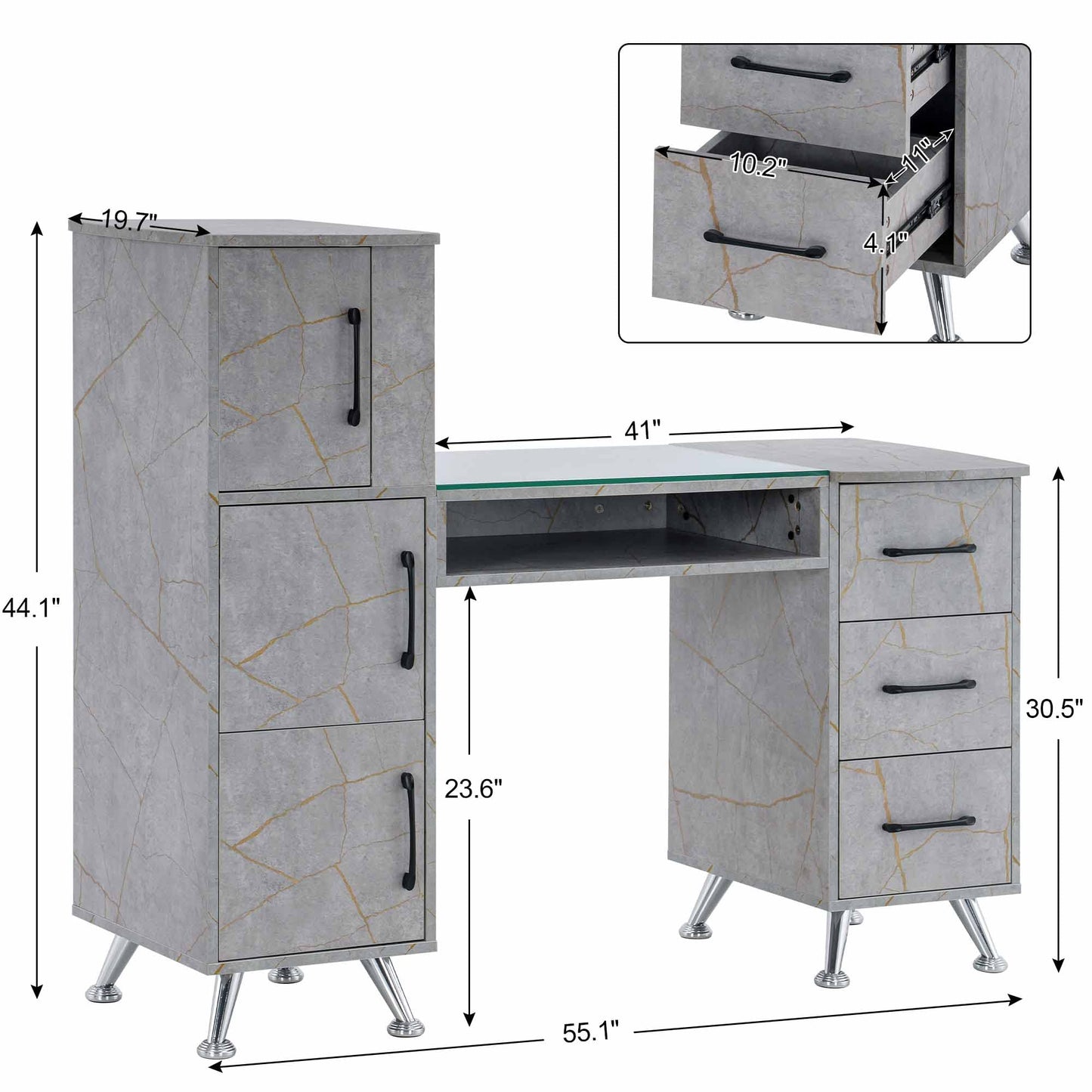BarberPub Manicure Table, Nail Makeup Desk with Drawers, Storage Beauty Salon Workstation 2611 (Gold&Grey)