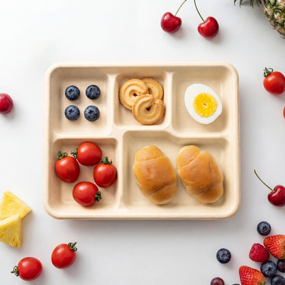 WELLIFE 125 Pack Kids Small 5-Compartment Paper Plates, 10.25x8.25 Inch 100% Compostable Divided Plates, Disposable School Lunch Trays, Eco-Friendly Bagasse Plate for Boys Girls and Youth (BPA Free)