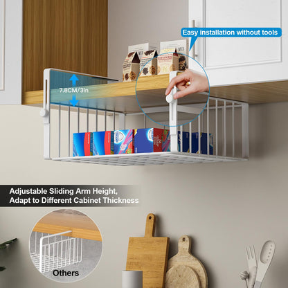 AmonHouseware 2Pack Under Shelf Basket Organizer,Adjustable Hanging Holder Storage for Cabinet Pantry Kitchen Cupboard Desk Counter Bookshelf Organization Add-on Space Saver Heavy Duty Slide-in,White