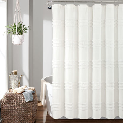 Lush Decor Boho Kendra Tufted Yarn Dyed Cotton Blend Shower Curtain Single 72" W x 72" L White - White Shower Curtains for Bathroom - Bathroom Curtain