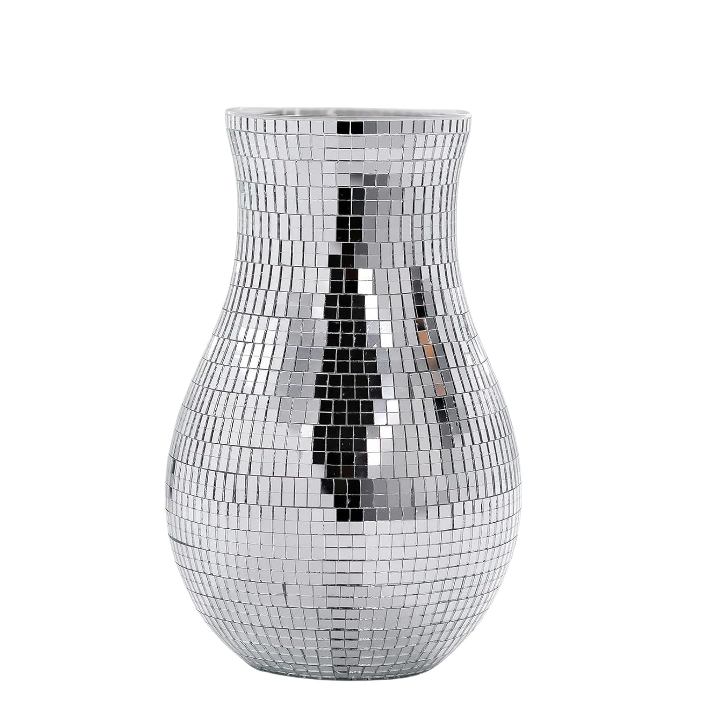 8.7" Disco Ball Flower Vase - Silver Mirrored Mosaic Vase for Centerpieces, Retro 70s Party Decor, Unique Funky Reflective Floral Container for Home, Wedding & Living Room Aesthetics