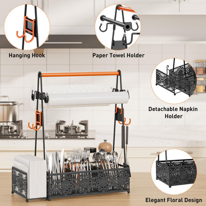 EKNITEY Outdoor Grill Caddy Organizer: Camping Kitchen Accessories Rack With Paper Towel - Utensil Condiment Storage For Patio Camper BBQ Party RV