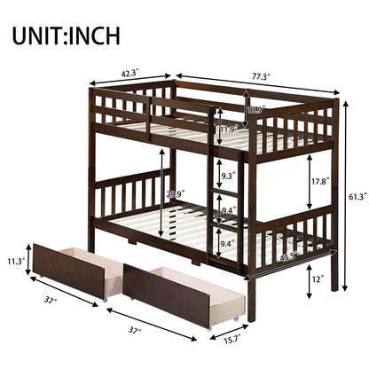 MERITLINE Wood Bunk Bed with Drawers, Convertible Bunk Bed with Ladders and Two Storage Drawers, Solid Wood Detachable Bedframe with Guardrails, Twin Over Twin, Espresso