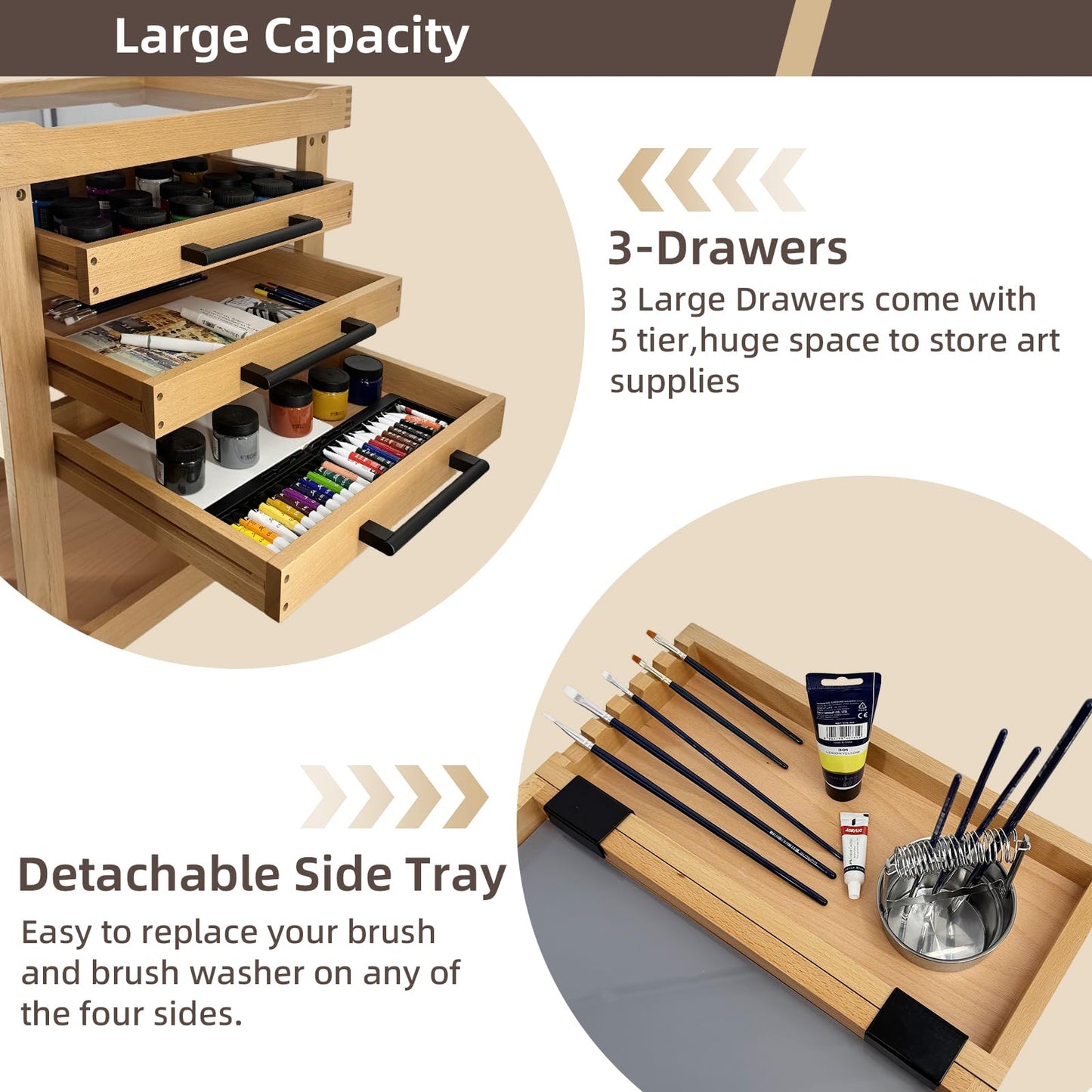 Stuelloaf Art Supplies Cart 5-Tier Organizer,Solid Beeach Wood with 3 Drawers and Caster Wheels, Rolling Utility Storage Cart for Studio, Classroom, Artists