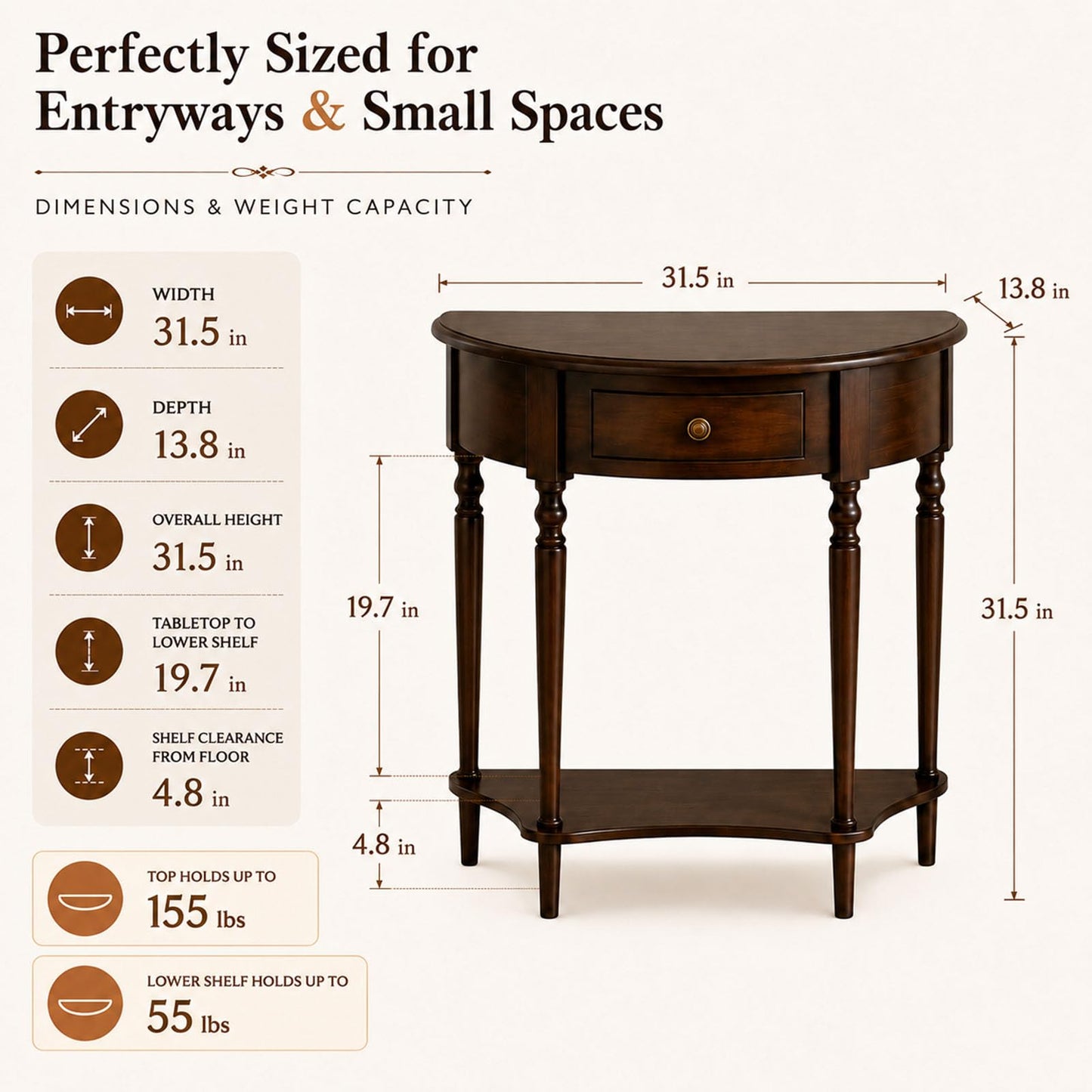 YNVHKFN Half Moon Console Table - Solid Wood Entryway Table with Drawer & Shelf, Narrow Sofa Table for Hallway, Curved Accent Table for Living Room, Foyer, Small Space Storage Table