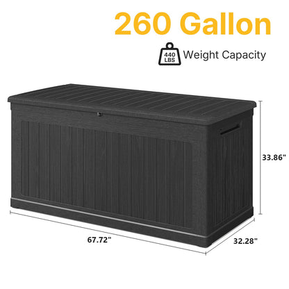 Skepphlay 260 Gallon Deck Box Large Outdoor Storage Box, Waterproof Pool Storage Cushion Boxes Bin, 440 lbs Load Capacity Black Outdoor Storage Bench for Garden, Patio
