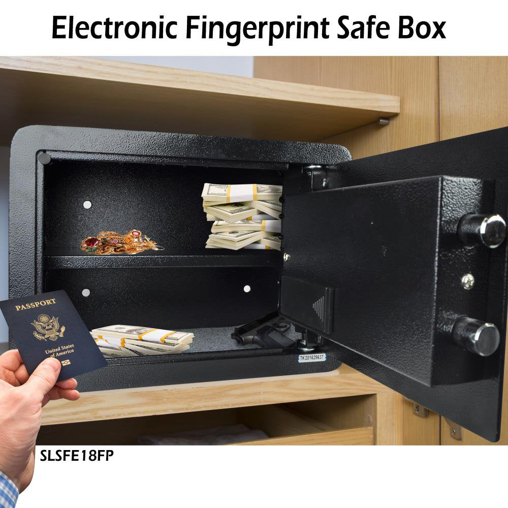 SereneLife Electronic Fingerprint Safe | Heavy Duty Money Safebox | Digital Touch Pad Lockbox with Code & 2 Keys | Small Safe Box for Home or Office, Secure Cash, Firearms | 13.8’’ x 9.8” Black