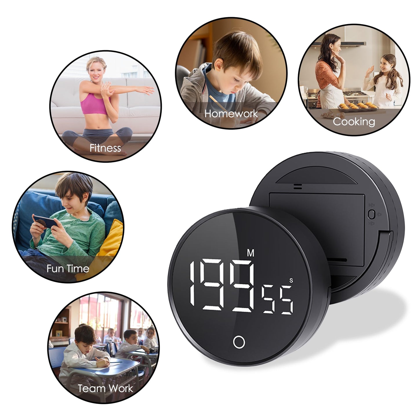 RZASL Digital Kitchen Timers, Magnetic Rotary Timer with Large LED Display, 3 Volume Levels, 0-199Min Countdown/Up, Easy Operation for Cooking, Studying, Fitness, Kids & Seniors