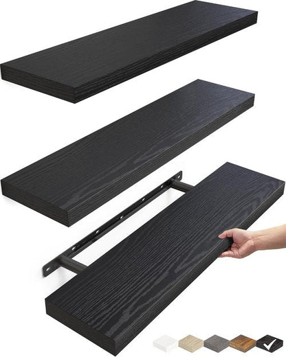BAYKA Floating Shelves - Rustic Wall-Mounted Wood Shelves for Bathroom & Living Room | Set of 3, Black, 22.5 Inches