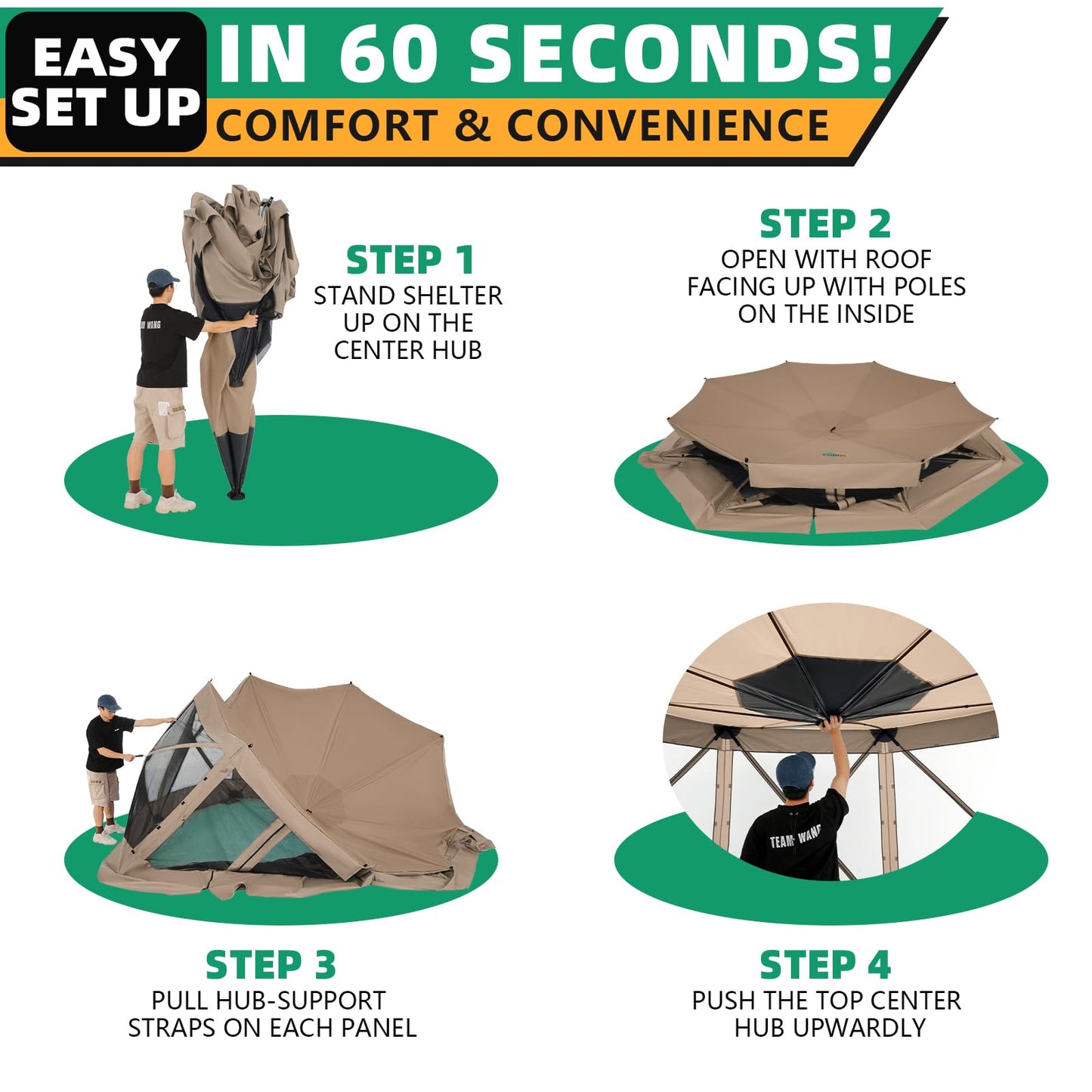 COBIZI 15x15FT Pop Up Gazebo Screen Tent Screen House for Camping, Screen Room with Mosquito Netting, Hub Tent Instant Screened Canopy with Carrying Bag and Ground Stakes, Khaki
