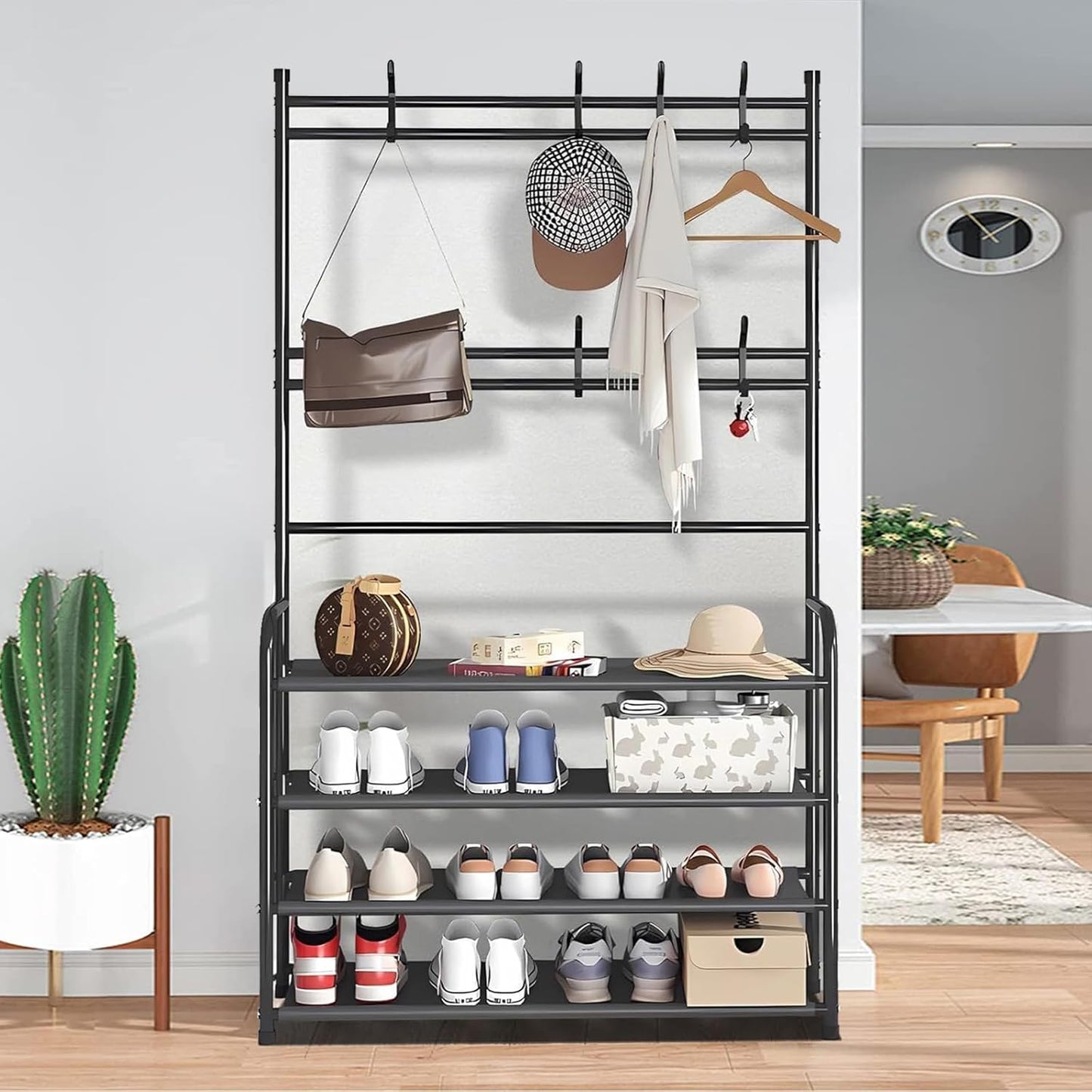 8 Closet 4 Shoe Rack Shoe Storage Shelf Freestanding with Hooks for Entryway Bedroom Tier, Black