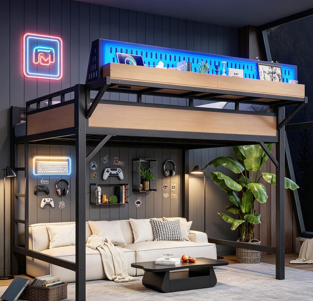 Bellemave Queen Size Loft Bed with Ladder and Storage Shelves and Storage Shelves and Pegboard, Metal Loft Bed Frame with USB Ports and LED Lights for Adults, Kids, Teens, Black