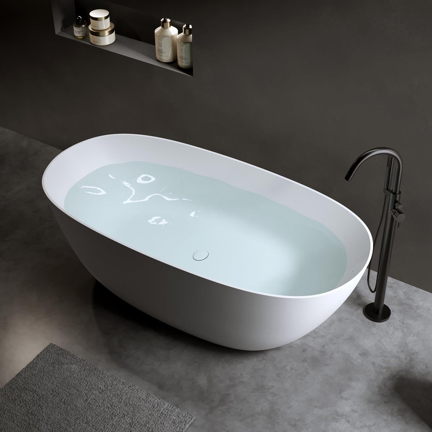 GDFStudio 69" Solid Surface Freestanding Bathtub, Matte White Stone Resin Soaking Tub with Overflow and Pop-Up Drain, Thick Edge Oval Stand Alone Deep Soaker Tub for Modern Bathroom Spa Relaxation