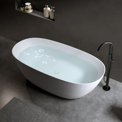 GDFStudio 69" Solid Surface Freestanding Bathtub, Matte White Stone Resin Soaking Tub with Overflow and Pop-Up Drain, Thick Edge Oval Stand Alone Deep Soaker Tub for Modern Bathroom Spa Relaxation