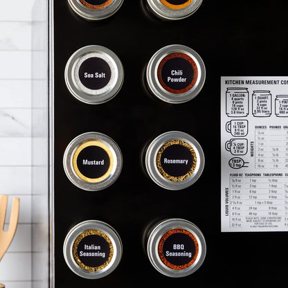 Talented Kitchen Silver Magnetic Spice Jars for Refrigerator (3 oz) - Stainless Steel 12 Spice Containers with Sift & Pour Lids (269 Preprinted Labels and 2 Label Styles)