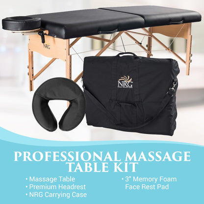 Chi Massage Portable Table Package by NRG - Lightweight, Folding Massage Therapy Table - Ultra Comfortable - Made of Durable White Oak - Premium Headrest with Cushion, Carry Case - Color Black