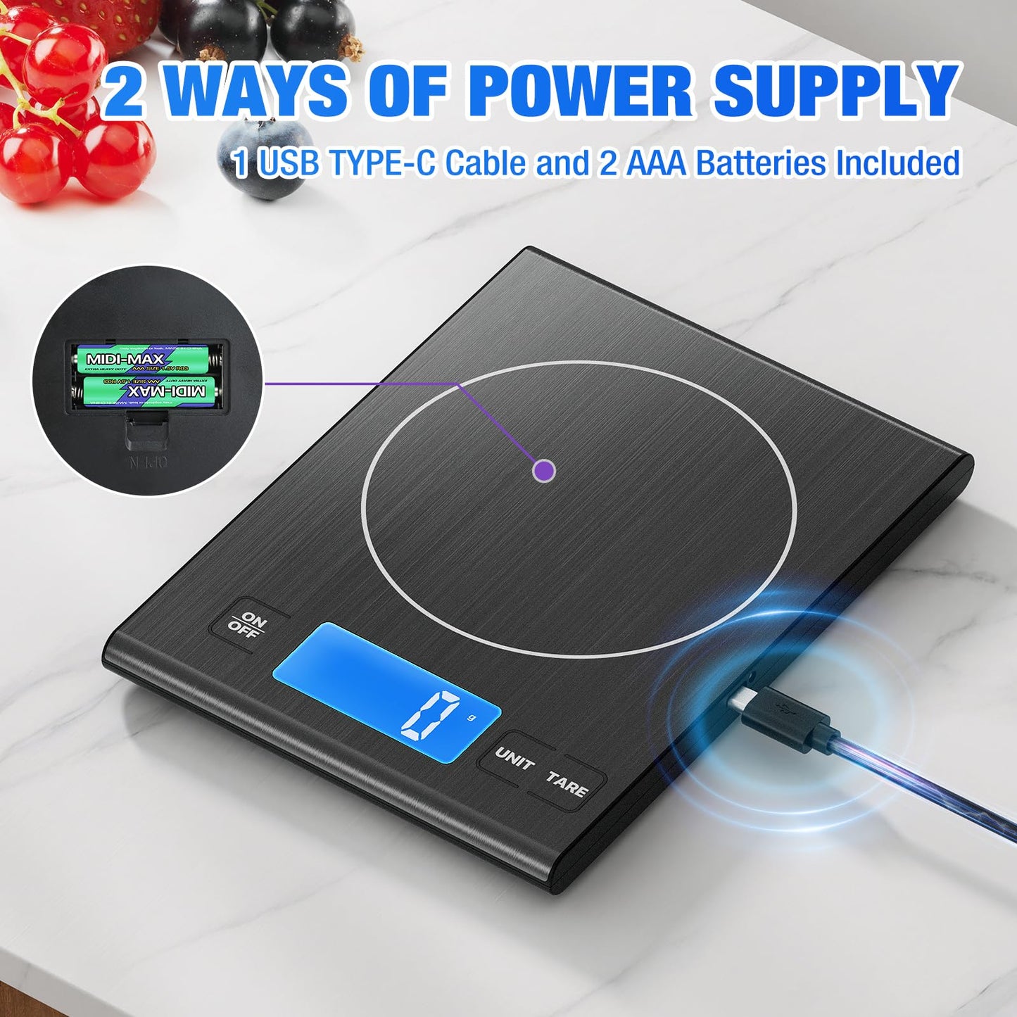 Rechargeable 304 Stainless Steel Kitchen Scale, Diyife 33lb Digital Food Scale with LCD Display, Batteries and Type-C Charging, for Meal Prep, Cooking, Baking (Black)