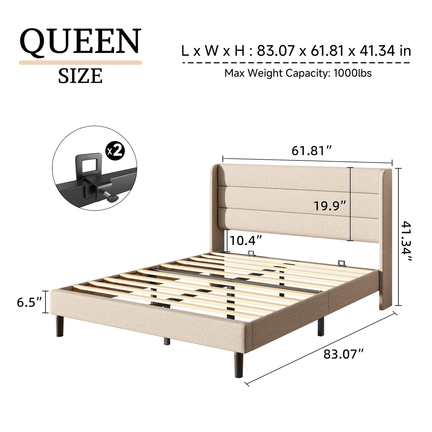 Mxhtcewz Queen Size Upholstered Platform Bed Frame, Modern Linen Fabric Bed with Wingback Headboard, Sturdy No Wobble, Noise-Free & Easy Assembly, No Box Spring Needed, Beige