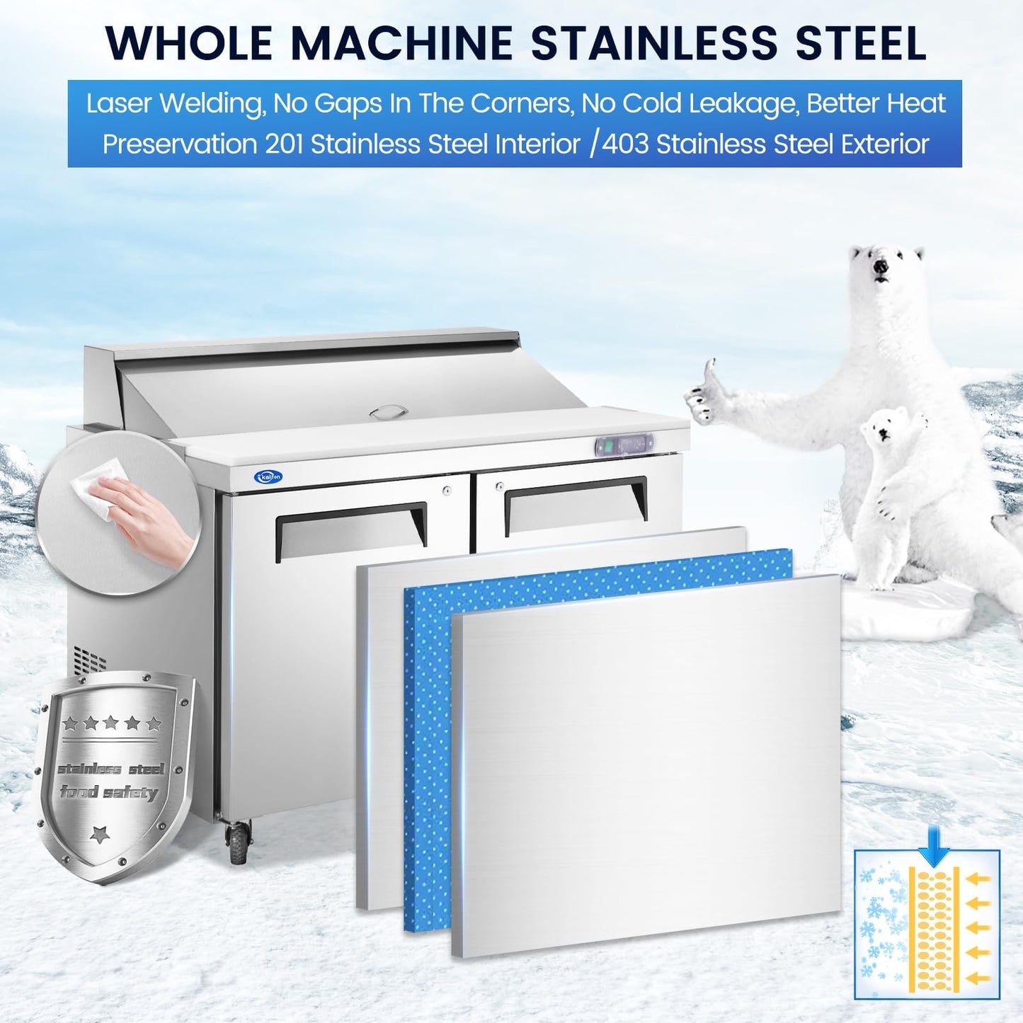 kalifon 48" W 2 Door Refrigerator Sandwich Salad Prep Table Commercial Stainless Steel Fan Cooling Refrigerator with Cutting Board, 2 Shelves & 18 Pans for Restaurant, Bar, Shop-12.9 Cu.ft
