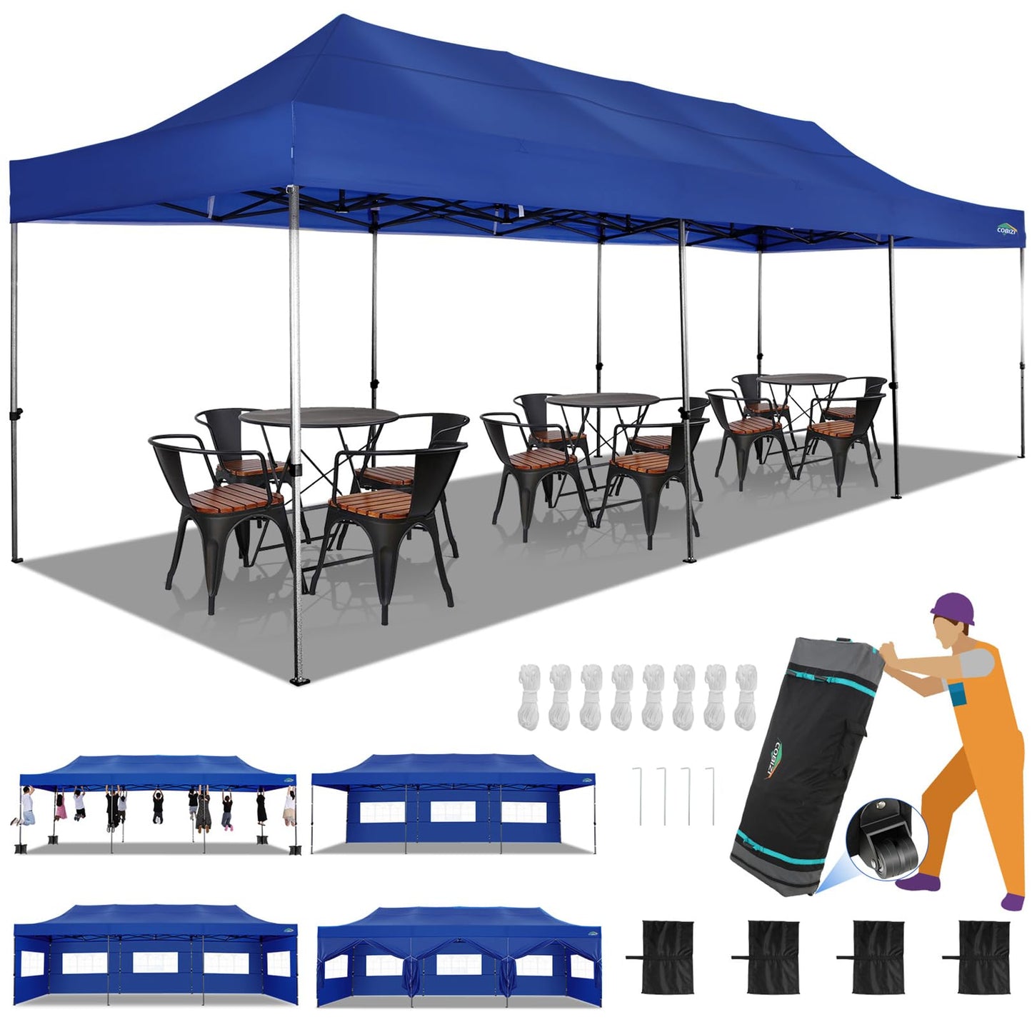COBIZI 10x30 Heavy Duty Pop up Canopy with 8 sidewalls Party Tent for Parties Weddings Events UPF 50+ Waterproof Commercial Gazebo with Roller Bag, Dark Blue