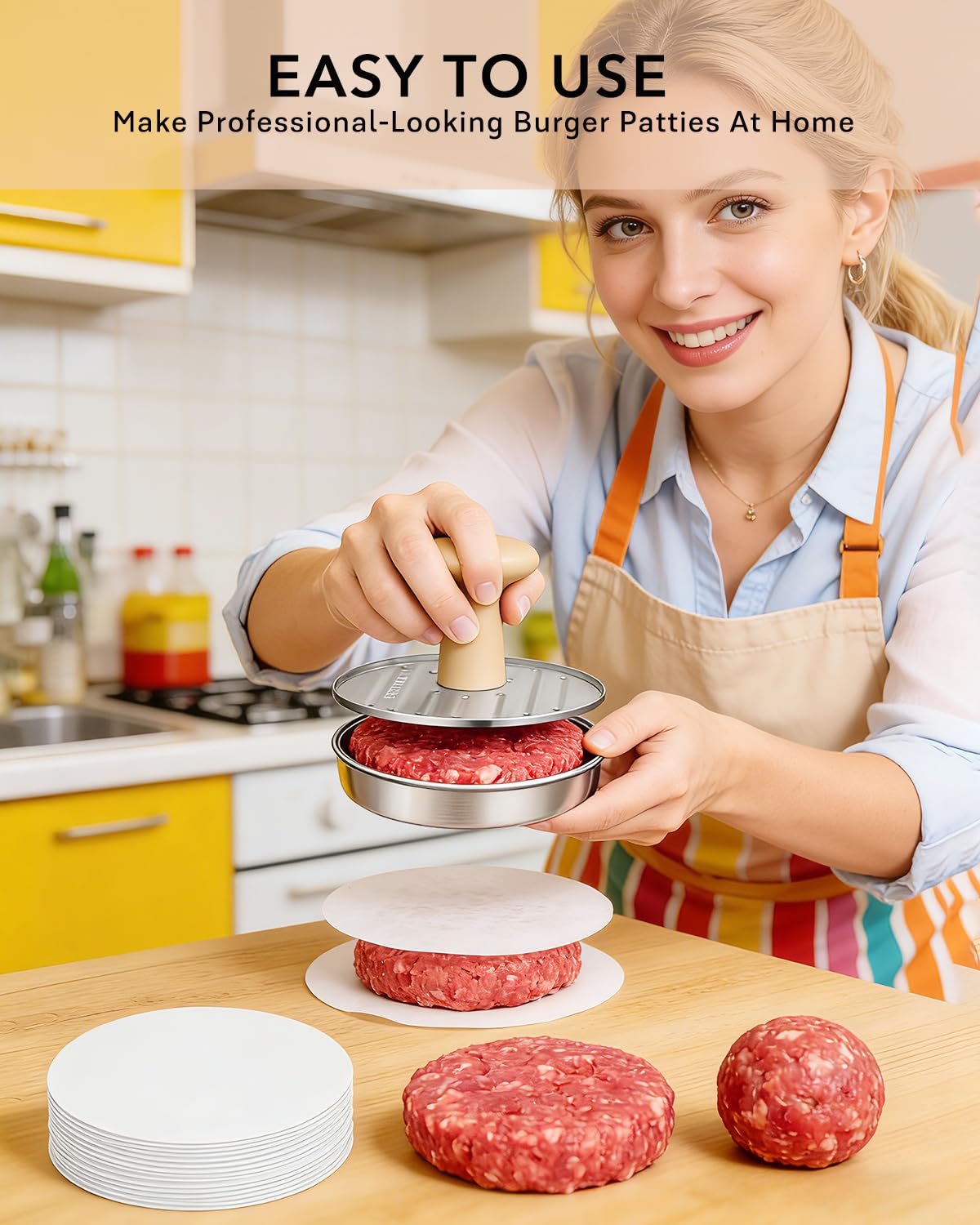 DSTHISAR Burger Press, 5”Stainless Steel Hamburger Press Patty Maker, Non-Stick Hamburger Press for Making Patties, for Grilling and Cooking, Comes with 100 Pieces of Wax Paper