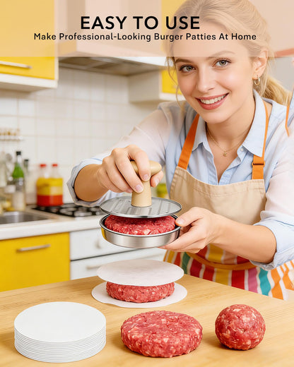 DSTHISAR Burger Press, 5”Stainless Steel Hamburger Press Patty Maker, Non-Stick Hamburger Press for Making Patties, for Grilling and Cooking, Comes with 100 Pieces of Wax Paper
