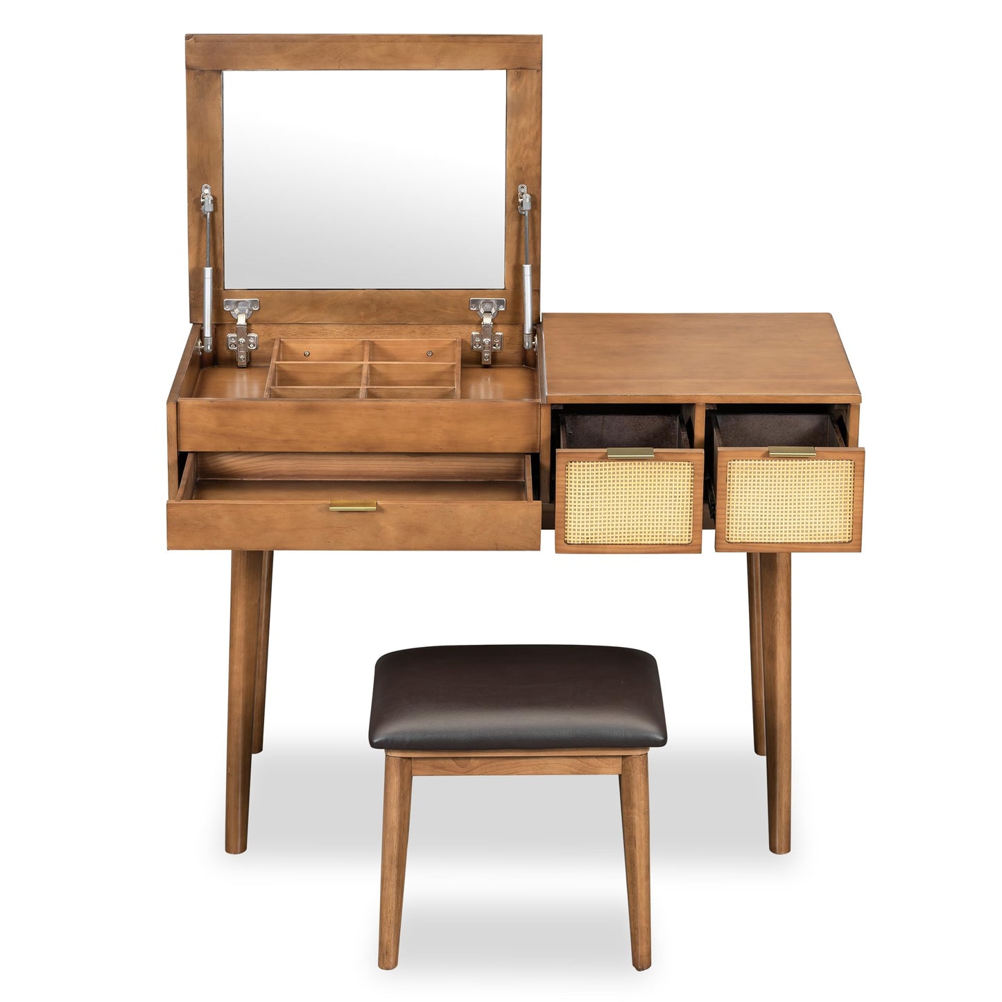 GDFStudio 43.3" Makeup Vanity Set with Flip Top Mirror, Brown Classic Wood Dressing Table with Three Drawers, Upholstered Stool, Hidden Mirror Design, Storage Vanity Furniture for Bedroom